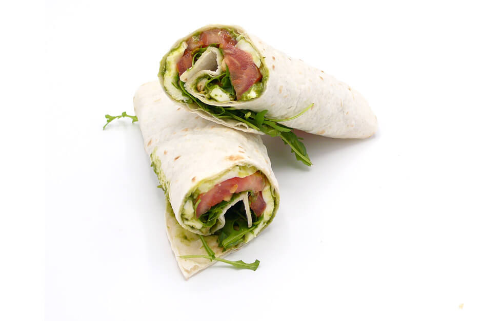 Wrap pesto, tomaat, mozarella en sla